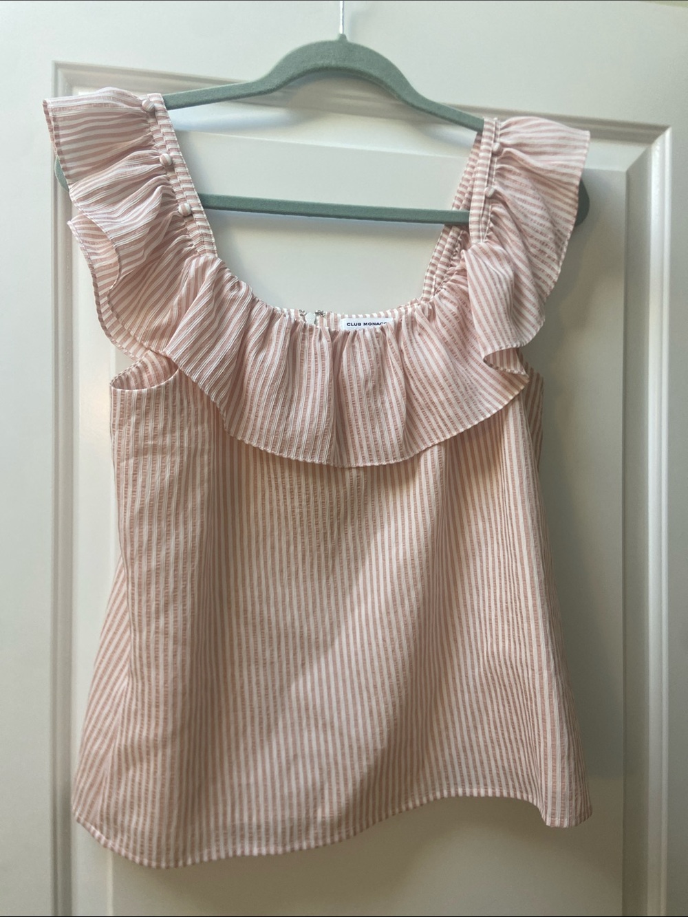 Club Monaco Blush-Striped Ruffle Neck Tank